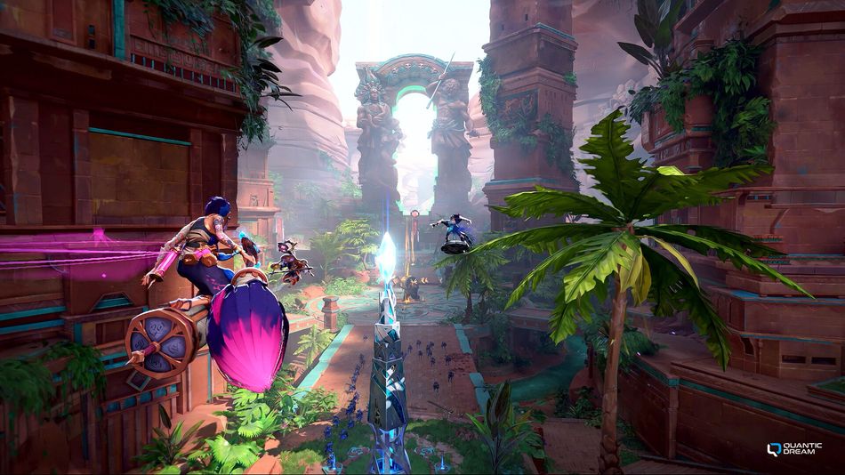 One of Spellcasters Chronicles' maps features vibrant jungle arenas with ancient ruins and vertical combat spaces