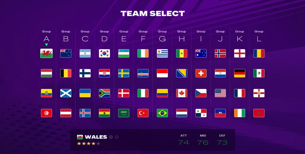 Tournament mode features realistic structure with group stages, Round of 32 knockout bracket, and qualification based on points and goal difference