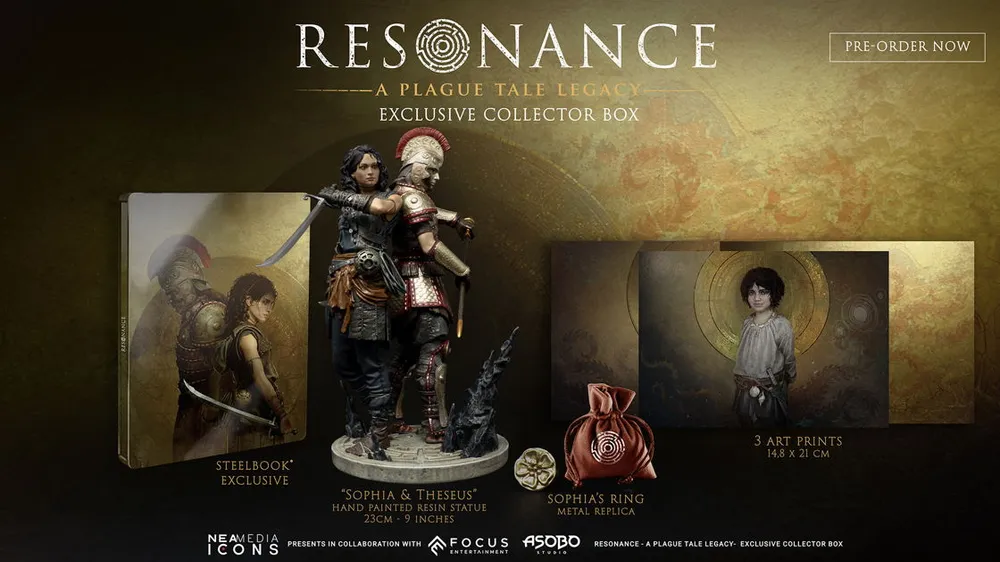 The Collector's Box does not include the game but features exclusive merchandise: Sophia and Theseus figurine, premium SteelBook case, 3 art prints, and replica ring