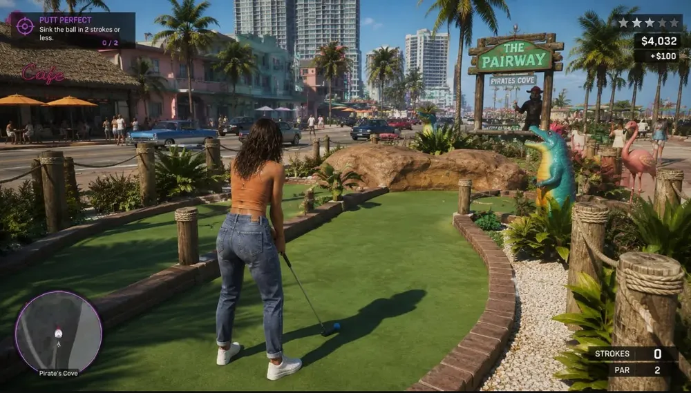 Unlike traditional golf, mini-golf features smaller, themed courses