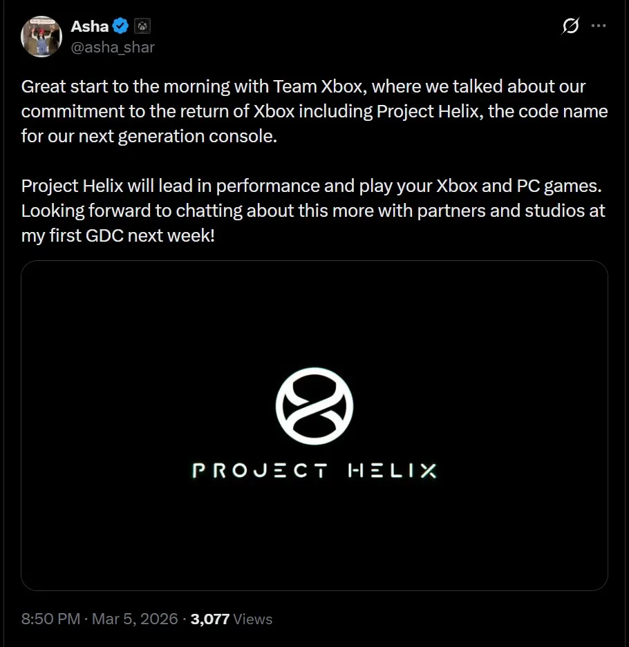 Xbox CEO Asha Shar made the Project Helix announcement via X ahead of her first GDC appearance