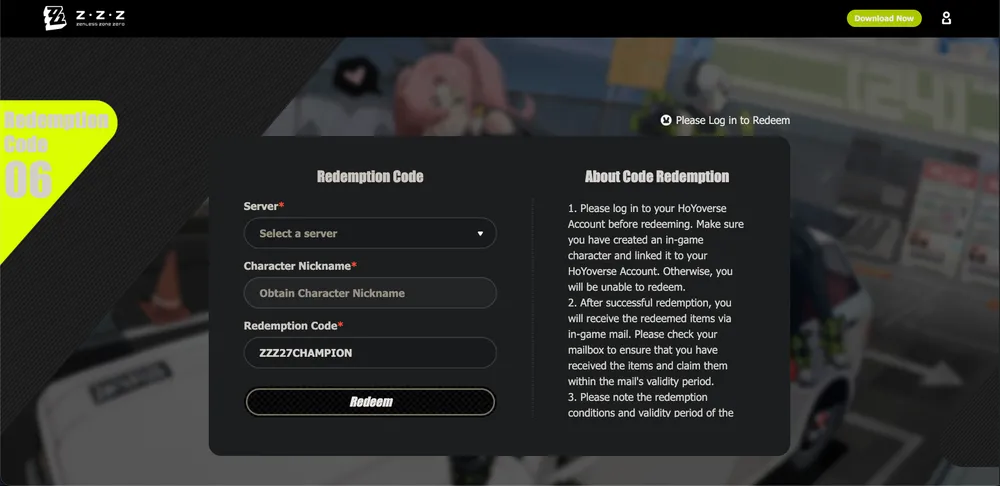 Redeem codes for Zenless Zone Zero on their official redemption website.