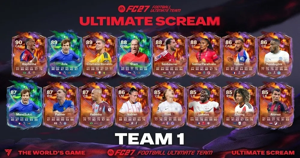 Confirmed players include high-profile names like Cristiano Ronaldo, Raphinha, and Cole Palmer, plus Heroes such as Jaap Stam, Gianfranco Zola, and Mario Mandžukić